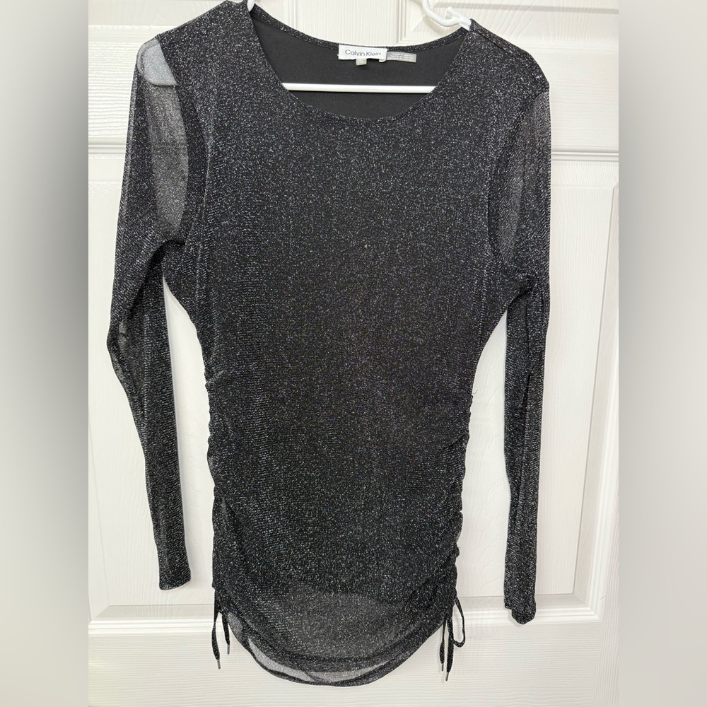 Calvin Klein Black Fitted Ruched Long Sleeve Sparkle Top Sz 0X
